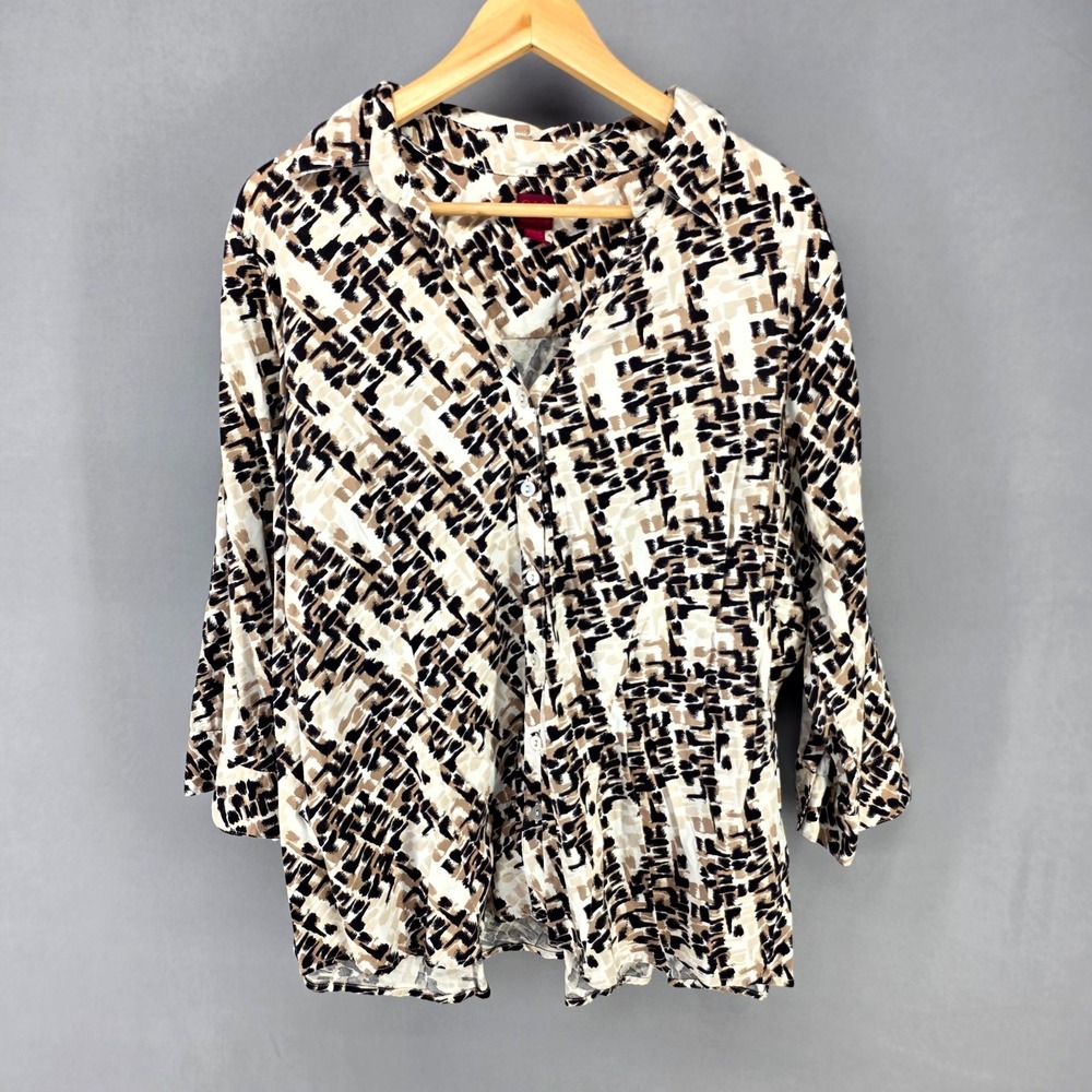 212 Collection Button Up Shirt Womens 2X Tan Black Abstract Geometric Stretch